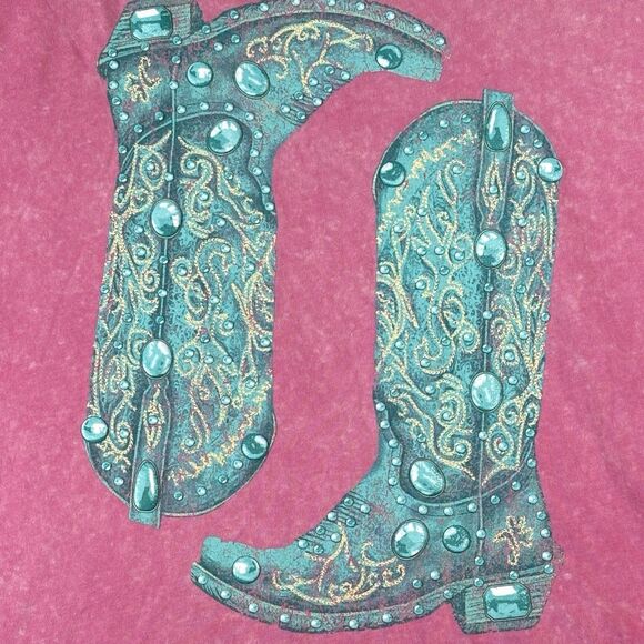 Zutter T Shirt Pink With Blue 3D Puff Boots Graphic Western Top - Picture 2 of 7